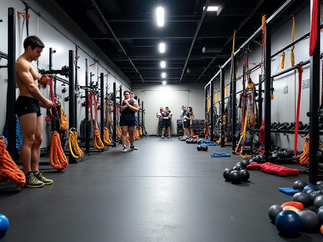 Einige Personen nutzen freie Gewichte und funktionelles Trainingsequipment in einem offenen Bereich